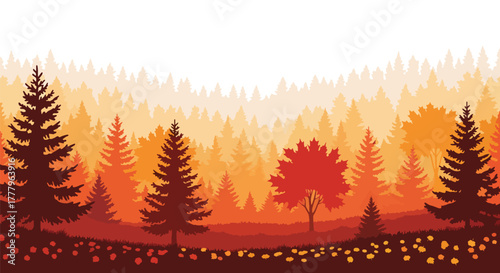 Flat vector wallpaper of layered mountain ranges covered with autumn trees, depth using solid tone layers