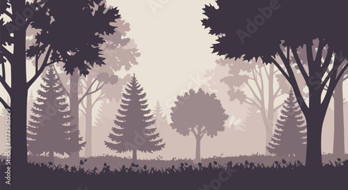 Flat vector wallpaper of layered mountain ranges covered with autumn trees, depth using solid tone layers