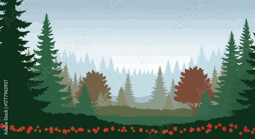 Flat vector wallpaper of layered mountain ranges covered with autumn trees, depth using solid tone layers