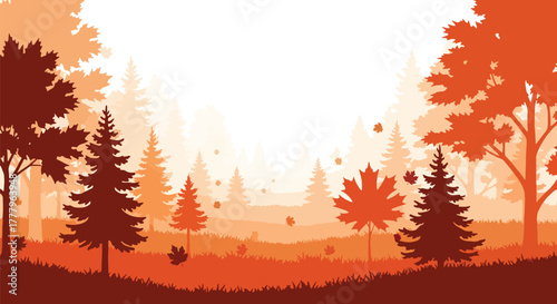 Flat vector wallpaper of layered mountain ranges covered with autumn trees, depth using solid tone layers