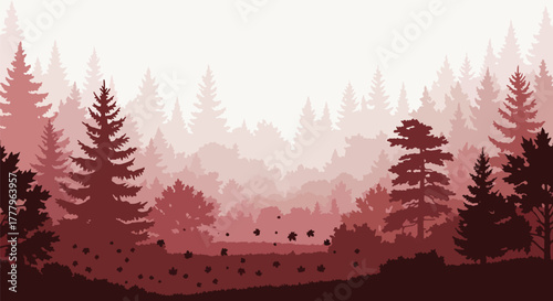 Flat vector wallpaper of layered mountain ranges covered with autumn trees, depth using solid tone layers