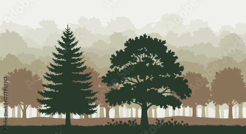 Flat vector wallpaper of layered mountain ranges covered with autumn trees, depth using solid tone layers