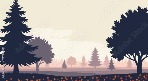 Flat vector wallpaper of layered mountain ranges covered with autumn trees, depth using solid tone layers