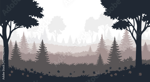 Flat vector wallpaper of layered mountain ranges covered with autumn trees, depth using solid tone layers