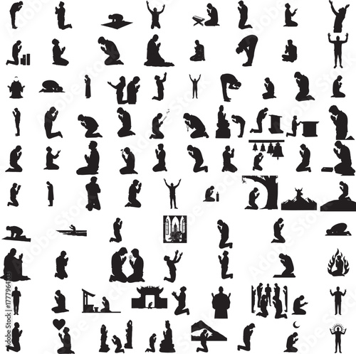 Silhouette of a person praying isolated on white background