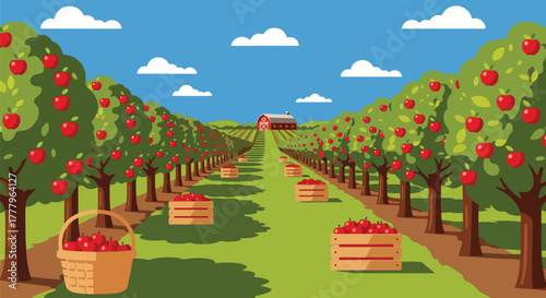 Flat vector apple orchard with fruit trees, wooden crates full of apples, barn on horizon, solid warm tones
