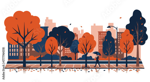 Flat wallpaper of rainy street with person holding umbrella, leaves scattered on wet pavement