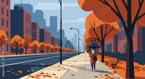 Flat wallpaper of rainy street with person holding umbrella, leaves scattered on wet pavement