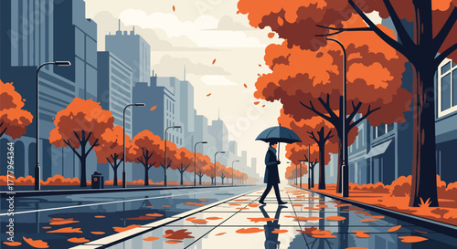 Flat wallpaper of rainy street with person holding umbrella, leaves scattered on wet pavement