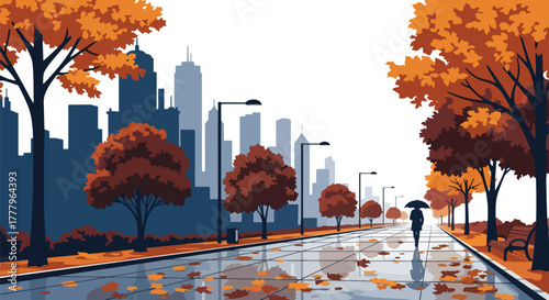 Flat wallpaper of rainy street with person holding umbrella, leaves scattered on wet pavement