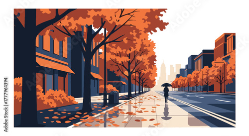 Flat wallpaper of rainy street with person holding umbrella, leaves scattered on wet pavement