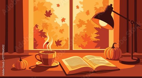 Flat wallpaper of tea mug and open book by window showing falling leaves outside, warm cozy autumn moment