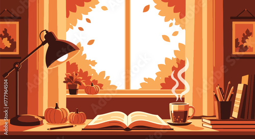 Flat wallpaper of tea mug and open book by window showing falling leaves outside, warm cozy autumn moment