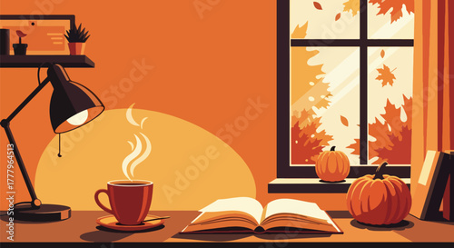 Flat wallpaper of tea mug and open book by window showing falling leaves outside, warm cozy autumn moment