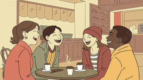 A group of friends laughing together at a cafe with coffee cups on the table in a bright and cheerful setting