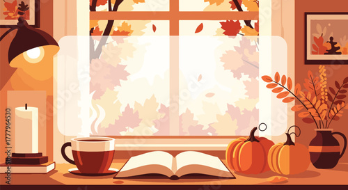 Flat wallpaper of tea mug and open book by window showing falling leaves outside, warm cozy autumn moment