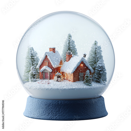 Winter Scene in a Snow Globe Featuring a Cozy Cottage and a Snowy Tree