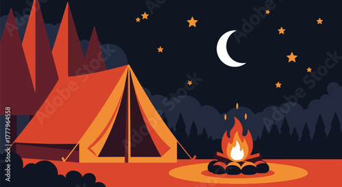 Flat vector of tent and campfire beneath autumn trees under starry sky, warm and peaceful fall night