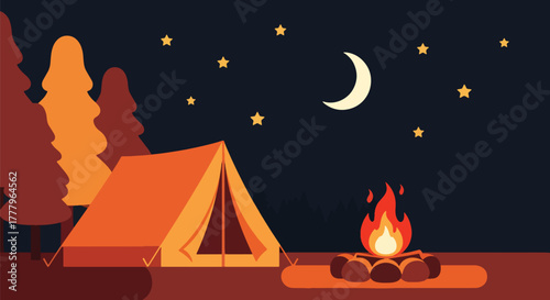 Flat vector of tent and campfire beneath autumn trees under starry sky, warm and peaceful fall night