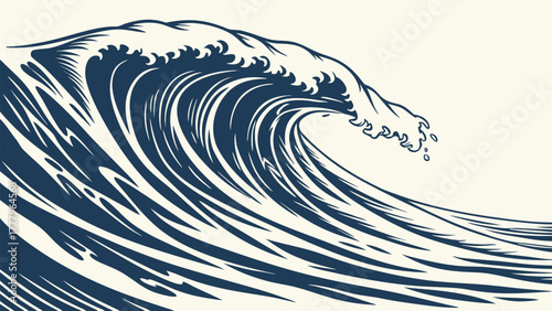 Illustration of a large ocean wave with curling crests and white foam against a light background drawing