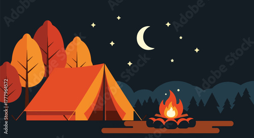 Flat vector of tent and campfire beneath autumn trees under starry sky, warm and peaceful fall night
