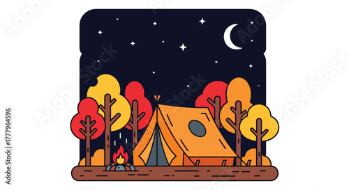 Flat vector of tent and campfire beneath autumn trees under starry sky, warm and peaceful fall night