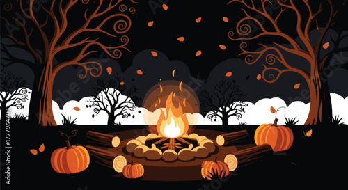 Flat wallpaper of bonfire with pumpkins and leaves around, warm seasonal atmosphere, solid strong colors