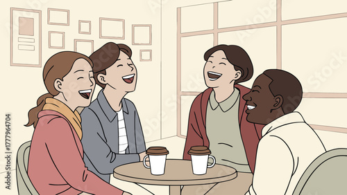 A group of diverse friends laughing together at a cafe table with coffee cups and framed pictures on wall