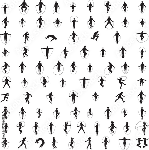 Silhouette of a person jumping rope isolated on white background