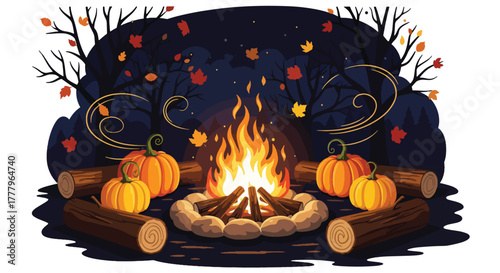 Flat wallpaper of bonfire with pumpkins and leaves around, warm seasonal atmosphere, solid strong colors