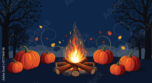 Flat wallpaper of bonfire with pumpkins and leaves around, warm seasonal atmosphere, solid strong colors