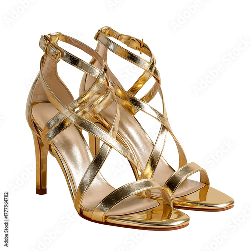 Elegant Golden High-Heeled Sandals With Crisscross Straps Displayed on a Whit...