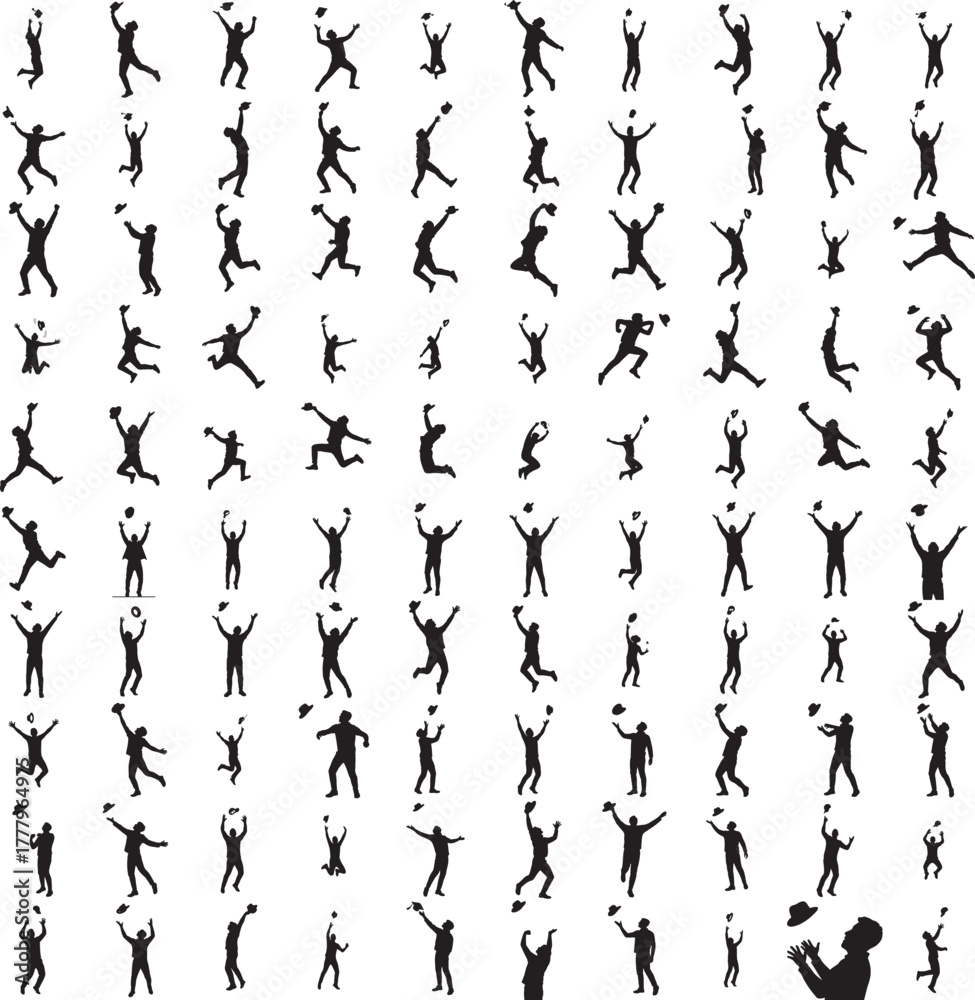 Obraz premium Silhouette of a person leaping and throwing hat joyfully isolated on white background