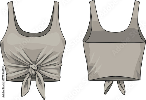 Stylish women’s knotted crop top front and back view, sleeveless scoop neck tank fashion vector flat design template