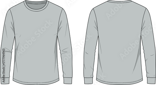 Basic long sleeve t-shirt front and back view, plain casual unisex crew neck top vector fashion flat sketch template