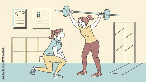 Two women training in a gym one lifting a barbell overhead and the other doing lunges with posters on wall