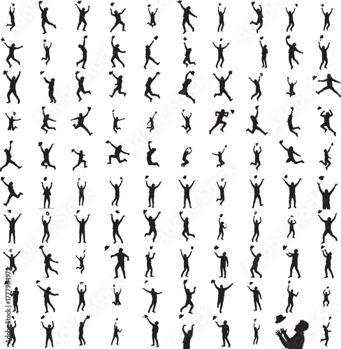 Silhouette of a person leaping and throwing hat joyfully isolated on white background