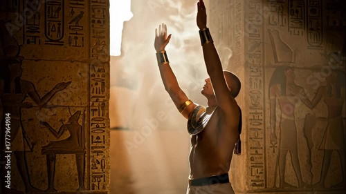 Man ancient egyptian worshipper praying in temple, historical ritual and spiritual devotion footage