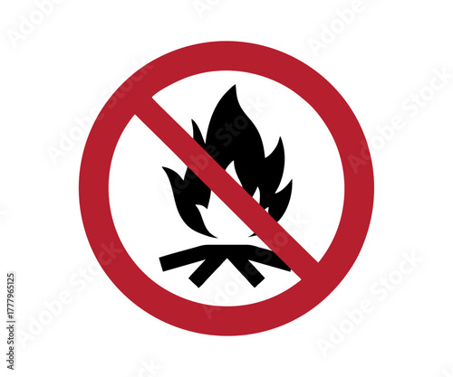 No Fire flame icon crossed in red circle. ISO 710 P045. Campfire symbol. No fire icon. Campfire prohibition vector design and illustration.

