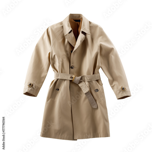 Classic Beige Trench Coat Hanging on Display in a Well-Lit Store