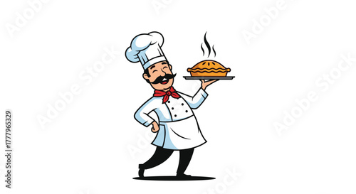 A charismatic chef proudly presents a steaming hot freshly baked pie on a silver platter for a delightful dining experience.
