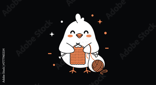 A cute little chick happily knitting a cozy orange scarf with yarn and knitting needles.