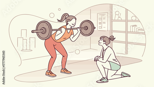 A woman performing a barbell squat with a spotter in a gym setting with minimalist line art style