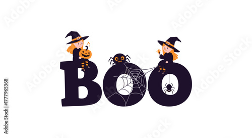 Spooky boo with witches and spiders for Halloween celebrations.