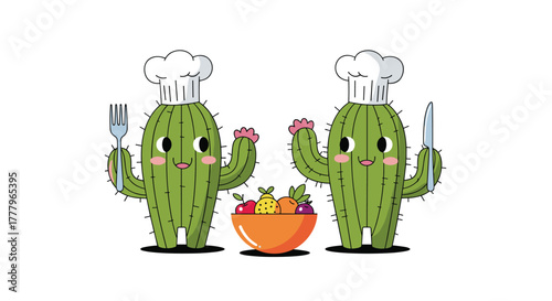 Two smiling cartoon cacti wearing chef hats stand around a bowl of fruit holding cutlery suggesting a healthy meal.