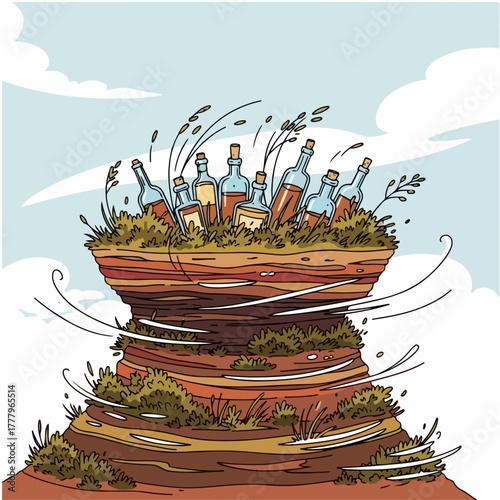 Bottles in ground reveal archaeology, illustrating the passage of time. Hidden time capsules showcase buried bottles, earth layers, and windswept grass. Archaeology uncovers forgotten history,