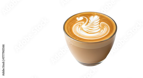 Latte art swan design coffee in a clear glass cup