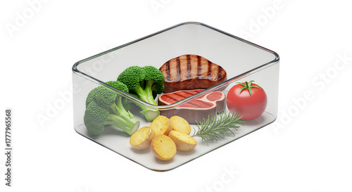 Healthy meal prep container with steak vegetables and rosemary sprig