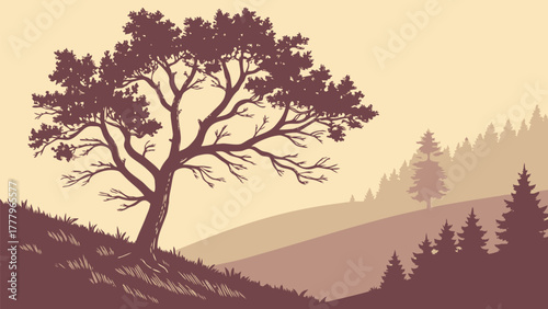 A solitary tree silhouette on a hill against a backdrop of misty forest layers in muted earth tones