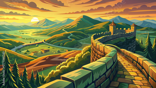 A breathtaking panoramic view from the top of an ancient stone castle, overlooking green valleys and distant mountains under a soft golden sky, evoking history, mystery, and timeless beauty